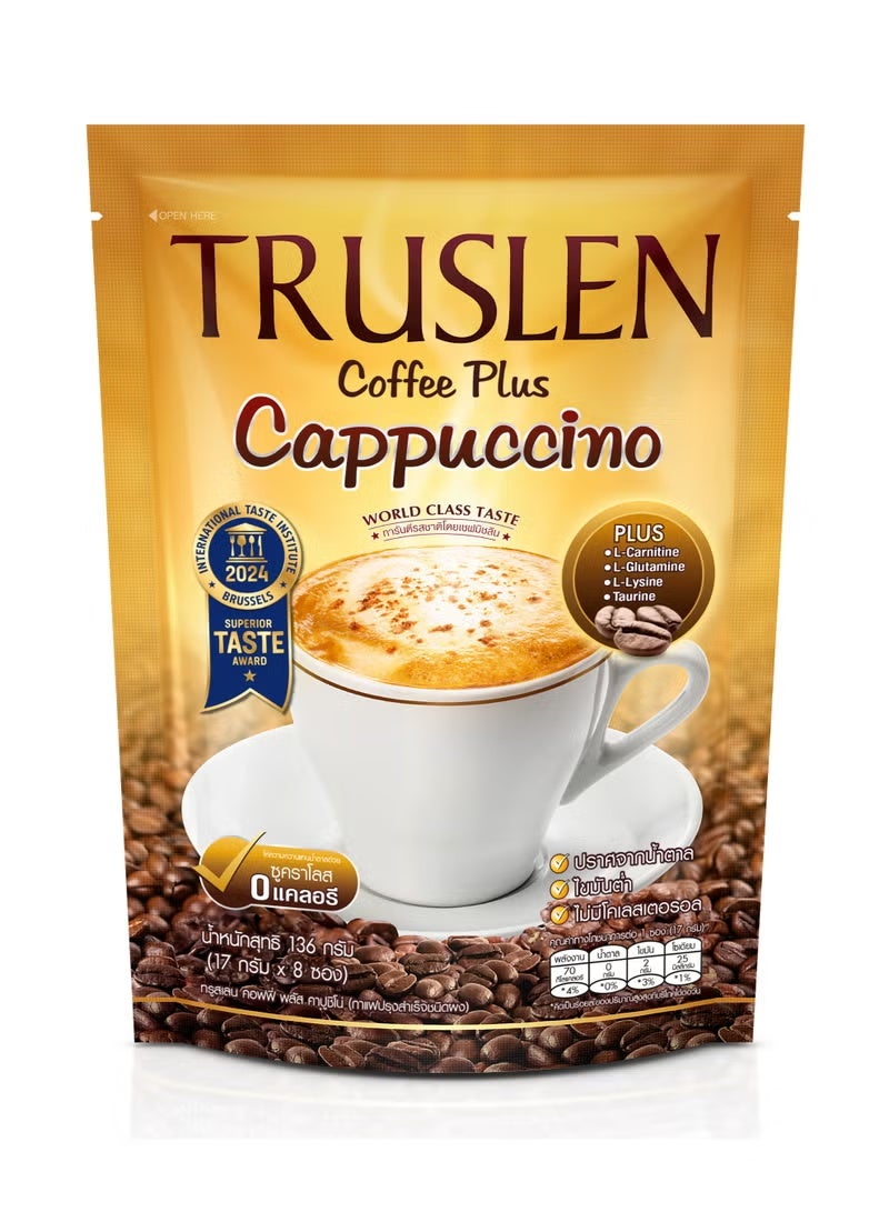 Truslen Cappuccino Coffee Plus | Instant Sugar-Free Cappuccino Drink Mix | With L-Carnitine & Amino Nutrients | 136 g (8 Sachets)